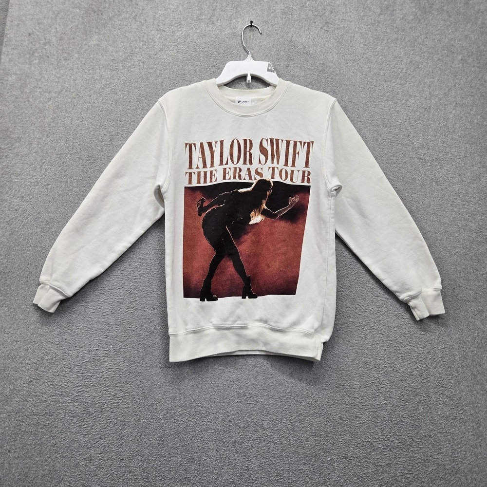 Taylor Swift Women Sweatshirt XS White The Eras Tour Photo Graphic Print Fleece